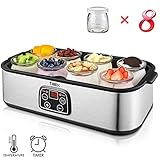 TIBEK Yogurt Maker LCD Display Yogurt Maker Machine with 8 Glass Jars 48 oz, Temperature Control, Auto Off Timer, Stainless Steel, 30W