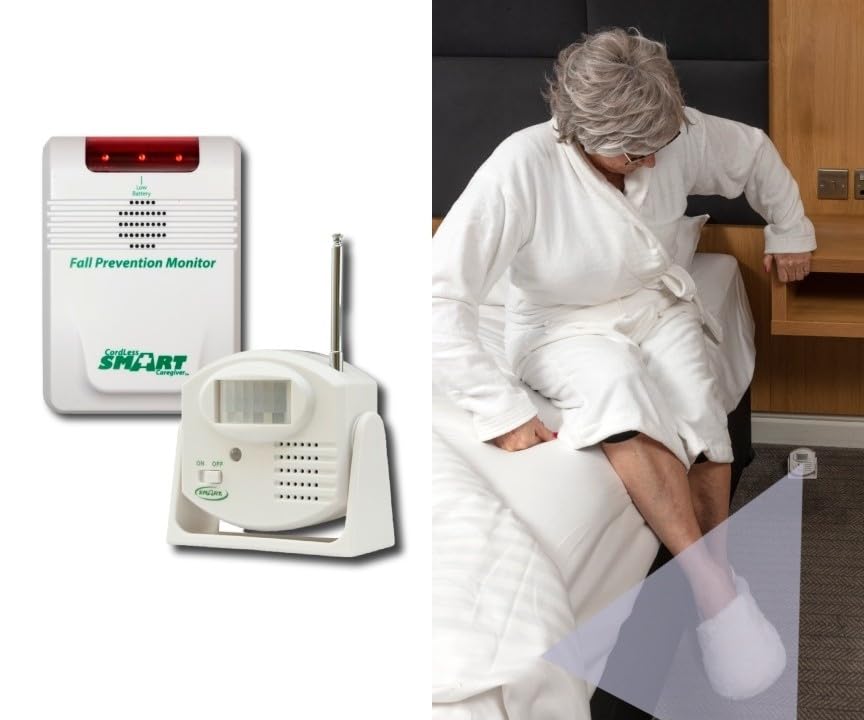 Bedside Motion Sensor with Pager/Alarm with Volume Control, Reduce falls from bed for use with the Elderly or infirm. No alarm noise in patient's room. Pager can be up to 300 ' from Motion Sensor.