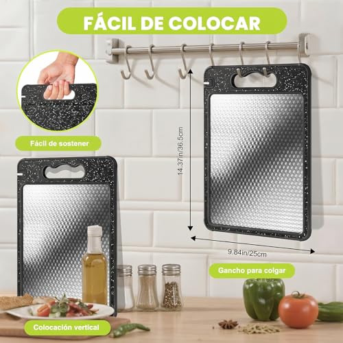 2PCS Tabla para Picar de Doble(Acero Inoxidable+PP)–36.5×25CM,Titanium Cutting Board,Tabla de Cortar Cocina para Carne,Frutas,Verduras,Colgable,Lavavajillas,Duradera y Anticorrosiva