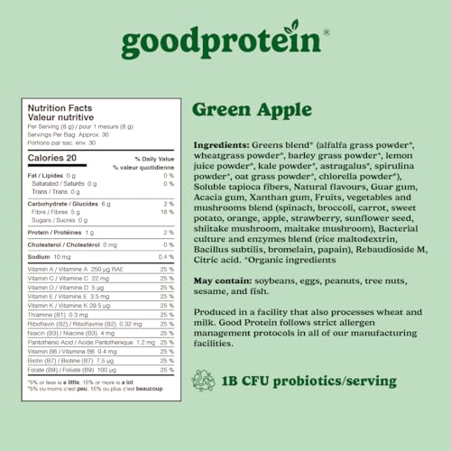 Good Protein Greens Superfood Powder Juice - 100% Natural Digestive Enzyme Greens Powder | Vegan Non-GMO Gluten Free Vitamins Green Powder - Organic Alfalfa Wheat Barley Grass Spirulina Powder | 225g Green Apple