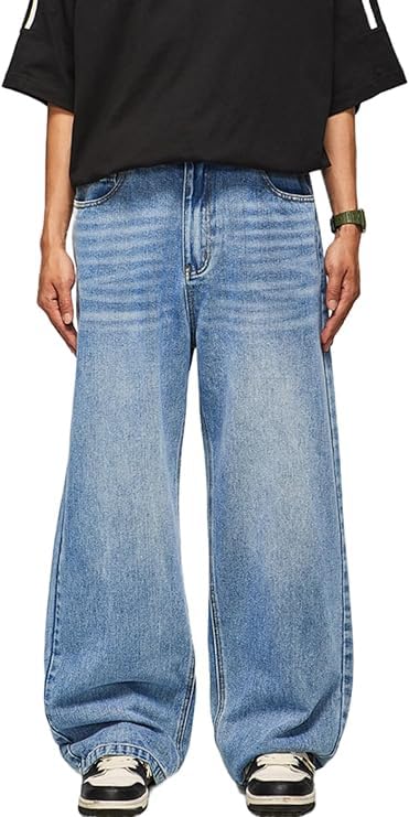 Photo 1 of HUNGSON Mens Baggy Jeans for Men Women Y2k Skater Vintage Plain Pants Casual Wide Leg Jeans Loose Fit Denim Jeans Blue
