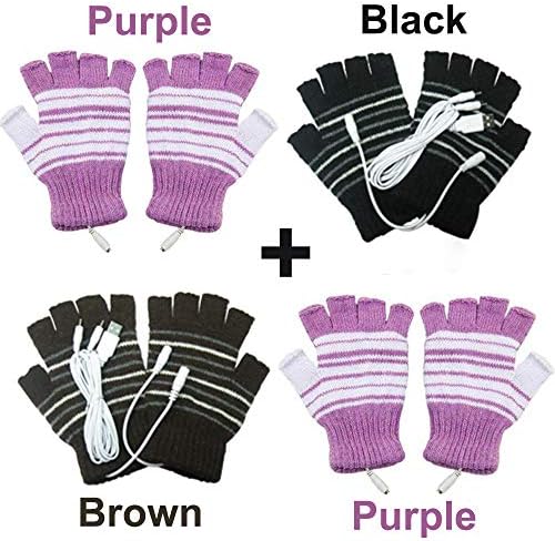 [4 Pack] USB Heated Gloves for Men and Women Mitten, AIKIN USB 2.0 Powered Stripes Heating Pattern Knitting Wool Heated Gloves Hands Warmer Laptop Gloves Fingerless Washable (2Purple+1Black+1Brown)