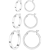 3 Pairs 925 Sterling Silver Hoop Earrings for Women 14K White Gold Plated Hypoallergenic Small Silver Hoop Earrings for Women Men 13/15/20mm