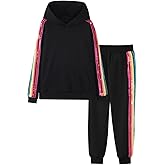 WELAKEN Girls 2 Piece Outfit Rainbow Sequin Striped Sweatshirt & Sweatpants Clothing Set