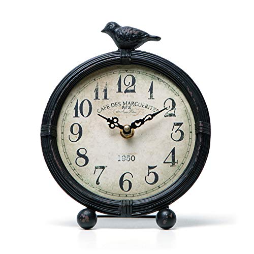 NIKKY HOME Vintage Table Clock with Bird, Metal Desk Clocks Battery Operated Black Retro Table Clock on Stand Decorative Desk Clock for Bedroom Living Room Shelf
