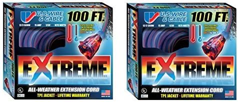 US Wire 99100 12/3 100-Foot SJEOW TPE Extreme Weather Extension Cord (Blue/Lighted Plug) by US Wire