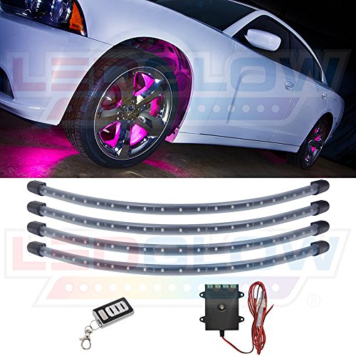 LEDGlow 4pc Pink LED Wheel Well Fender Light Kit - Flexible Waterproof Tubes - Includes Wireless Remote