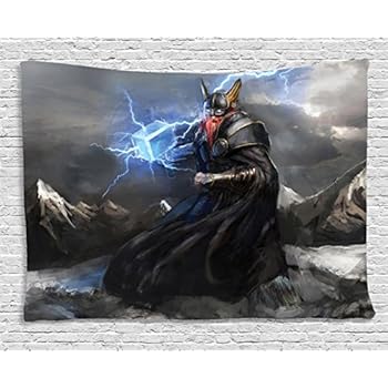 Lunarable Viking Tapestry, Thor with Mjolnir and Thunder Flying Over Mountains Angry Warrior from Norse Myths, Wide Wall Hanging for Bedroom Living Room Dorm, 60