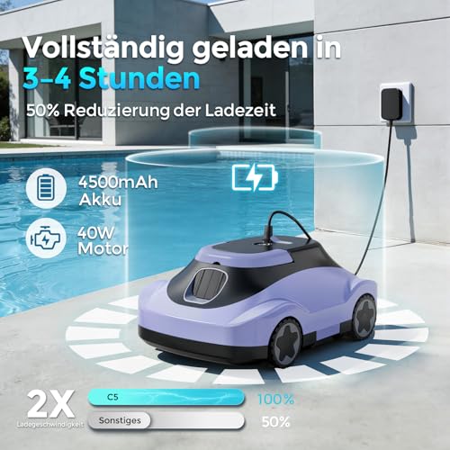 Pool Robot, Wireless Pool Vacuum Cleaner, Battery, Cordless Pool Robot, 180 Minutes Running Time, Strong Suction Power, Intelligent Navigation, Ultra Fine Filtration, Car Parking, Pool Vacuum Cleaner