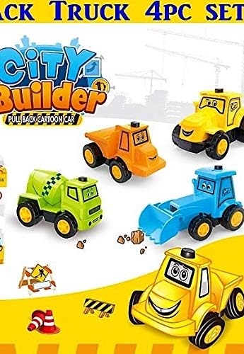 Siddhi Vinayak™Mini Push Pull Back Car Toy Construction Truck Set Play Vehicle Game Excavator Cranes Mixers Dumper Truck with Cute Smile Face 4 Pcs for Kids Boys Children
