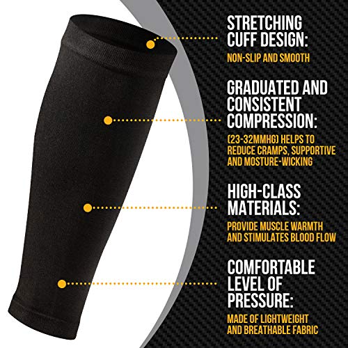 Calf Compression Sleeve for Men and Women - 1-Pair, 23-32 mmHg - Footless Socks for Shin Splint and Leg Cramps Pain Relief, Running, Sports, Travel - Black, X-Large