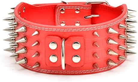 Pet Kingdom 20-26'' Genuine Leather 4 Rows Spiked Dog Pet Collars (Red, Medium)