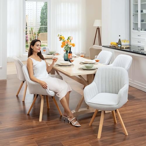 MEUBLE Cosy Dining Chair 360° Swivel Makeup Chairs Desk Wooden Legs Upholstered in Fabric with Back and Arms for Living Room Kitchen Office, Beige