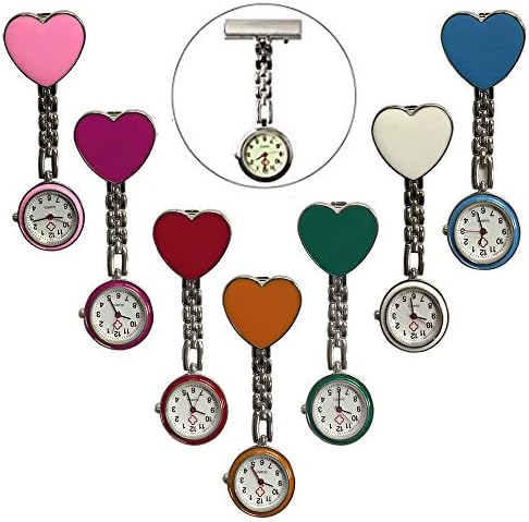 Steel Heart Lapel Brooch Analog Quartz Fob Clip on Pocket Nurse Watch 7 Colors for Women (Pack of 7)