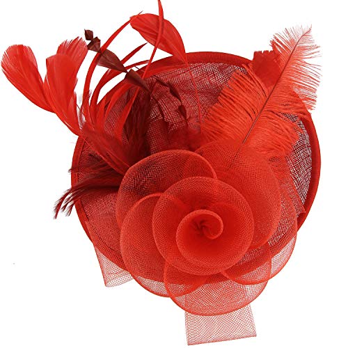 Acecharming Fascinators for Women, Feather Sinamay Fascinators with Headbands Tea Party Pillbox Hat Flower Derby Hats(Red-02)