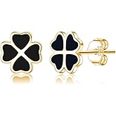 Reffeer Solid 925 Sterling Silver Leaf Clover Earrings Studs for Women Teen Girls Black Leaf Stud Earrings Clover