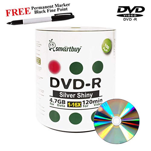 Smartbuy 100-disc 4.7GB/120min 16x DVD-R Shiny Silver Blank Media Record Disc + Black Permanent Marker