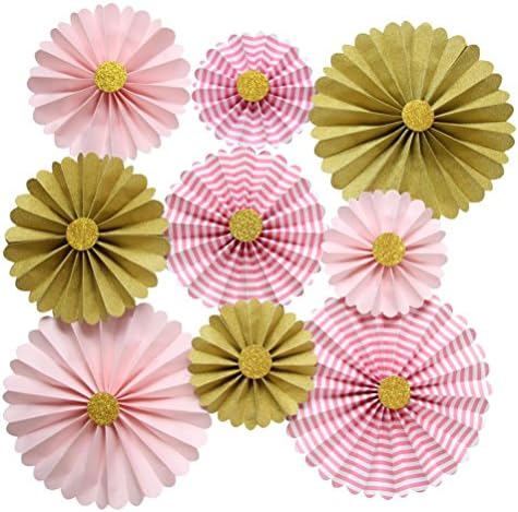 Mybbshower Pink Gold Paper Rosettes Flower Wall for Girl Baby Shower Birthday Party Hanging Living Room Decorations Pack of 9