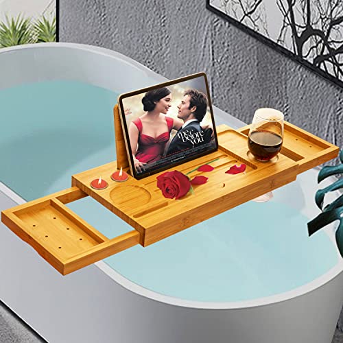 Premium Bamboo Bath Tray Table,Bathtub Caddy Table with Book Wine Phone