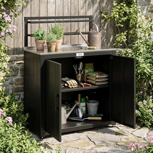 FEASTO Outdoor Potting Bench Table with Storage Cabinet, Stainless Steel Garden Workstation with Raised-Edge Top, Adjustable Shelf & Removable Hutch, Potting Table for Patio, Black/Coffee | Stainless Steel Garden Workstation, Raised-Edge Top, Adjustable Shelf & Removable Hutch, Patio, Balcony & Outdoor Workspace
