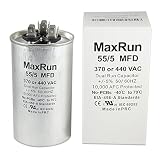 MAXRUN 55+5 MFD uf 370 or 440 Volt VAC Round Motor Dual Run Capacitor for AC Air Conditioner Condenser - 55/5 uf MFD 440V Straight Cool or Heat Pump - Will Run AC Motor and Fan - 5 Year Warranty