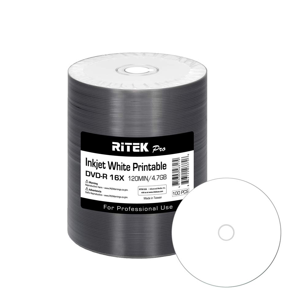 Photo 1 of 100 Pack Ritek Pro (Professional Grade) DVD-R 16X 4.7GB AZO Dye (MID MXL RG04) White Inkjet Hub Printable Blank Media Recordable Disc