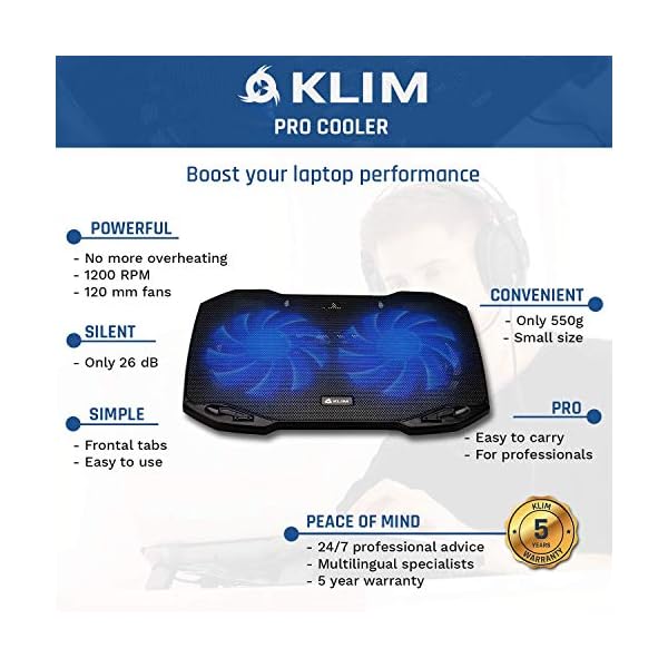 KLIM-Pro-The-Laptop-Cooler-for-Professionals-Laptop-PC-Support-Easy-to-Carry-10-to-156-Extra-USB-port-New-2021-Version-Black KLIM Pro - The Laptop Cooling Pad for Professionals - NEW 2023 - Light Compact Easy to Carry Durable - 10” to 15.6…