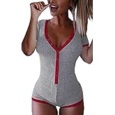 Roselux Women's Sexy Deep V Neck Shorts Short Sleeve Knitted One Piece Bodysuit Sexy Pajama Onesie Bodycon Rompers Overall