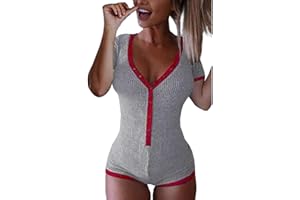 Roselux Women's Sexy Deep V Neck Shorts Short Sleeve Knitted One Piece Bodysuit Sexy Pajama Onesie Bodycon Rompers Overall
