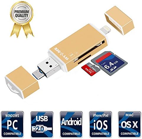 SD TF Card Reader with Lightning Micro USB OTG Connector, IVYOCK External Storage Memory Expansion Max Support 128G for IOS iPhone iPad Android Mac PC [Gold]-No For USB C Device