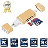 SD TF Card Reader with Lightning Micro USB OTG Connector, IVYOCK External Storage Memory Expansion Max Support 128G for IOS iPhone iPad Android Mac PC [Gold]