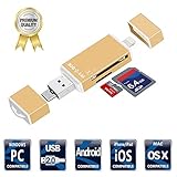 SD TF Card Reader with Lightning Micro USB OTG Connector, IVYOCK External Storage Memory Expansion Max Support 128G for IOS iPhone iPad Android Mac PC [Gold]