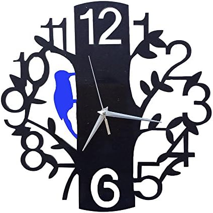 ILYPRO Arylic Glass Mirror Quartz Wall Clock Stylish 14 inch Home Decor Stickers Non Ticking Silent Clock for Office Living Room Bedroom Dining Room, Black Tree, Blue Bird