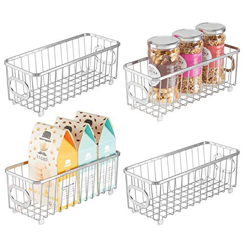 mDesign Metal Farmhouse Kitchen Pantry Food Storage Organizer Basket Bin - Wire Grid Design - for Cabinets, Cupboards, Shelves, Countertops, Closets, Bedroom, Bathroom - Small, 4 Pack - Chrome/Silver