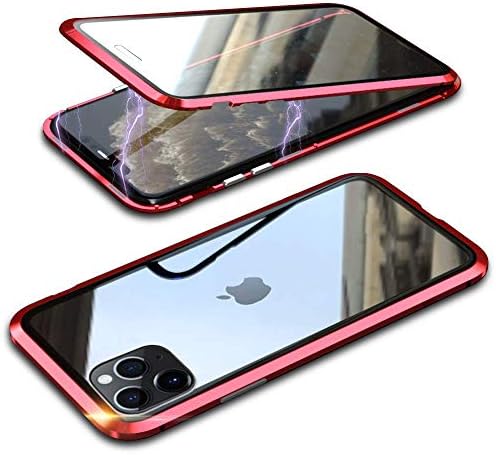 iPhone 11 Pro Max Metal Case, Hongxinyu Ultra Slim Fit Magnetic Adsorption Aluminum Alloy with HD Transparent 9H Double-Sided Toughened Glass for iPhone 11 Pro Max 6.5'' (Red)