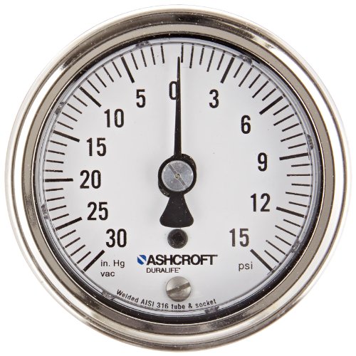 Ashcroft 1009SW Type Stainless Steel Case Pressure Gauge with Stainless Steel System, 2.5" Dial