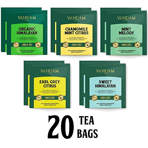 VAHDAM, Grüner tee Probierset | 5 Geschmacksrichtungen, 20 Teebeutel | Teesortenpackung, Langblatt Pyramide Schwarzer Teebeutel | Geschenke Für Frauen & Männer | Grüner Tee Sortiment – Bild 3