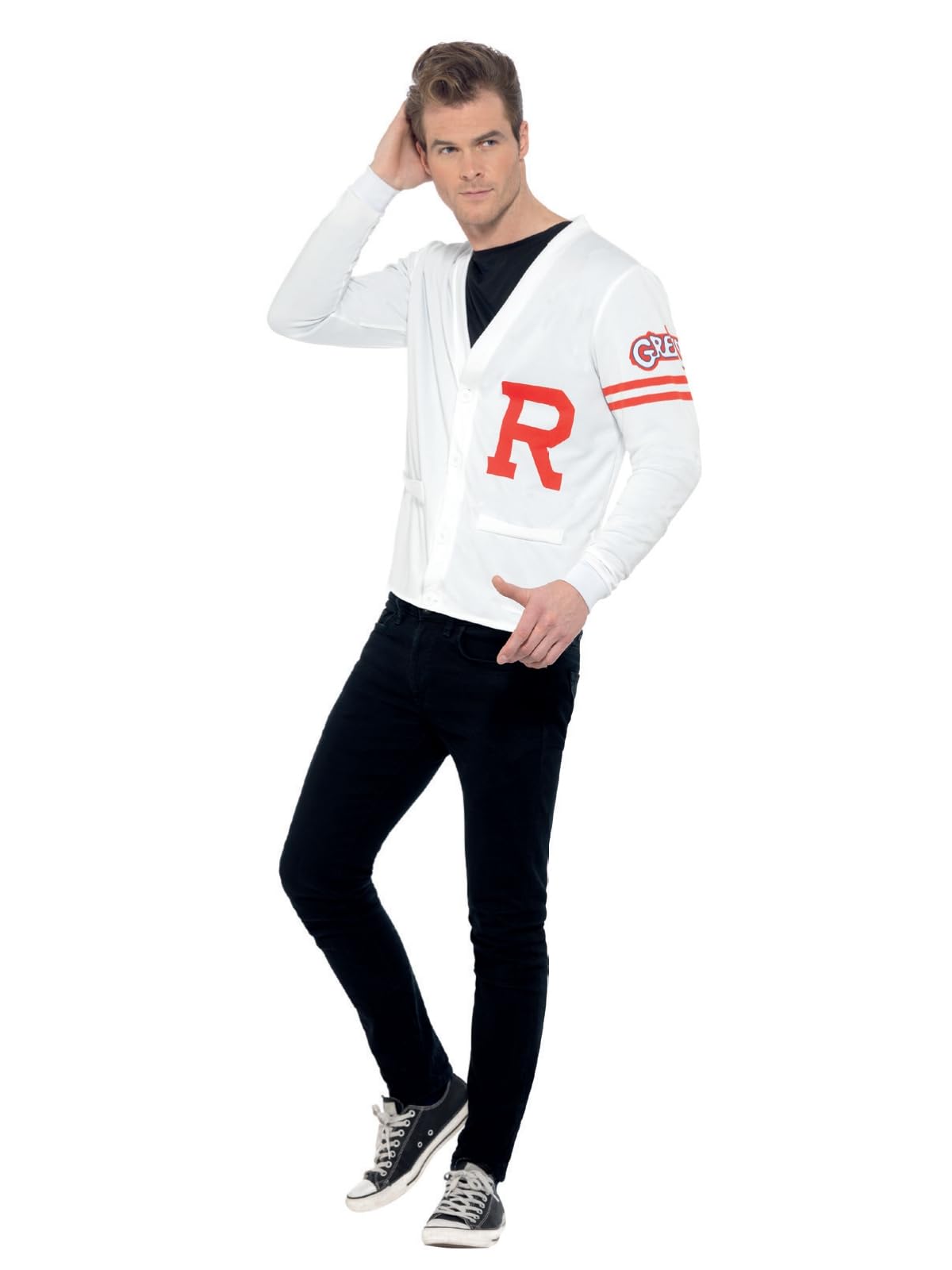 Smiffys Grease Rydell Prep Costume in White for Adults, Sweater Vest, Button-Up, Iconic R Letter, Officially Licensed, Perfect for Matching Group Fancy Dress Outfits and Playful Events Halloween