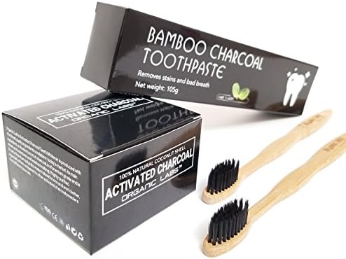 ORGANIC LABS Coconut Activated Powder + Bamboo Charcoal Toothpaste + 2 Bamboo Toothbrushes. Teeth Whitening Healthy Gum Fresh Breath Cleans Detoxifies Polishes Food Grade (C)