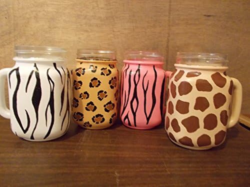 Hand Painted Animal Print Mason Jar Mugs: Zebra, Pink Zebra, Giraffe, Leopard Now on Sale!