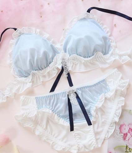 Amazon Somnus258 Lolita 青 リボン ブラジャー セット かわいい ブラ ショーツ セット 福袋 かわいい 下着 女性 セット ノンワイヤー 安い パンツ レディース 下着 ショーツ レディース セクシー ランジェリー L セット 通販