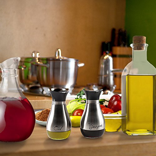 Emenest Oil and Vinegar Cruet Dispensers, Set of 2 Silver and Glass Bottles with Lid and Non-drip Spout - 13.6 Oz, Modern Decorative Condiments Storage - Thumbnail 2