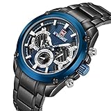 Stainless Steel Strap Mens Watch Chronograph Date Quartz Sport Watch Black/Blue
