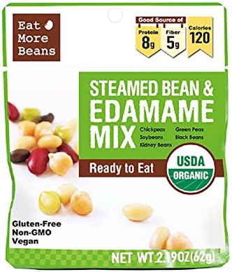 Case Pack of Mixed Steamed Organic Soybeans, Green Peas, Kidney Beans, Black Beans and Chickpeas. 10 packages! A Delicious, Healthy, and Quick Snack. Ready to Eat!
