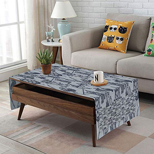 Linen Blend Tablecloth,Side Pocket Design,Rectangular Coffee Table Pad,Pirate,Nautical Symbols Anchor Steering Wheel Pirate Skull Crossed Swords Pattern Decorative,Grey Black White,for Home Decor