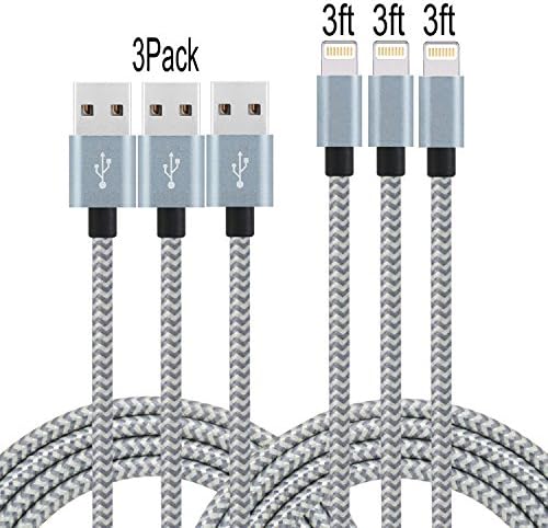 Frieso [3FT/3PACK] Lightning Cable Nylon Extra Long USB Cord Charging Cable for iPhone7,7plus,SE,6s,6s plus,6plus,6,5s 5c 5,iPad Mini,Air,iPad5,iPod (Gray).