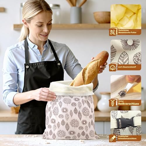 OHIYO Reusable Beeswax Bread Bags 43 cm x 33 cm, Natural Beeswax Coated Cotton Storage Bags for Homemade Bread and Baked Goods (Pack of 2)