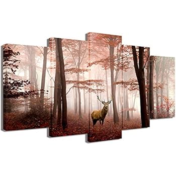 Visual Art Decor 5 Pieces Landscape Canvas Wall Art Deer in Misty Red Trees Forest Picture Animals Elk Prints Gallery Wrap Decoration for Modern Living Room Home Art (01 W-50 xH-24)