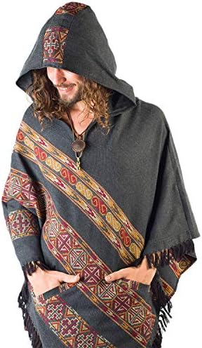 AJJAYA Mens Handmade Poncho Dark Grey Yak Wool Large Hood Pockets Primitive Gypsy Festival Mexican Tribal Embroidered Earthy Winter