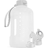 AQUAFIT 64 oz Water Bottle with Time Marker - Straw & Chug Lid - BPA Free Half Gallon Gym Water Bottle with Handle - Big Gallon Jug (White, 64 Ounces)